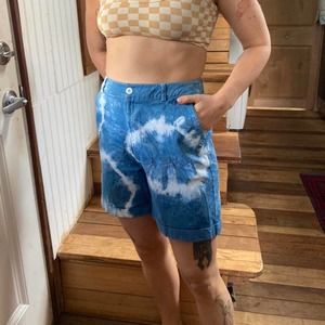 Upcycled shibori indigo hand dyed high waisted shorts